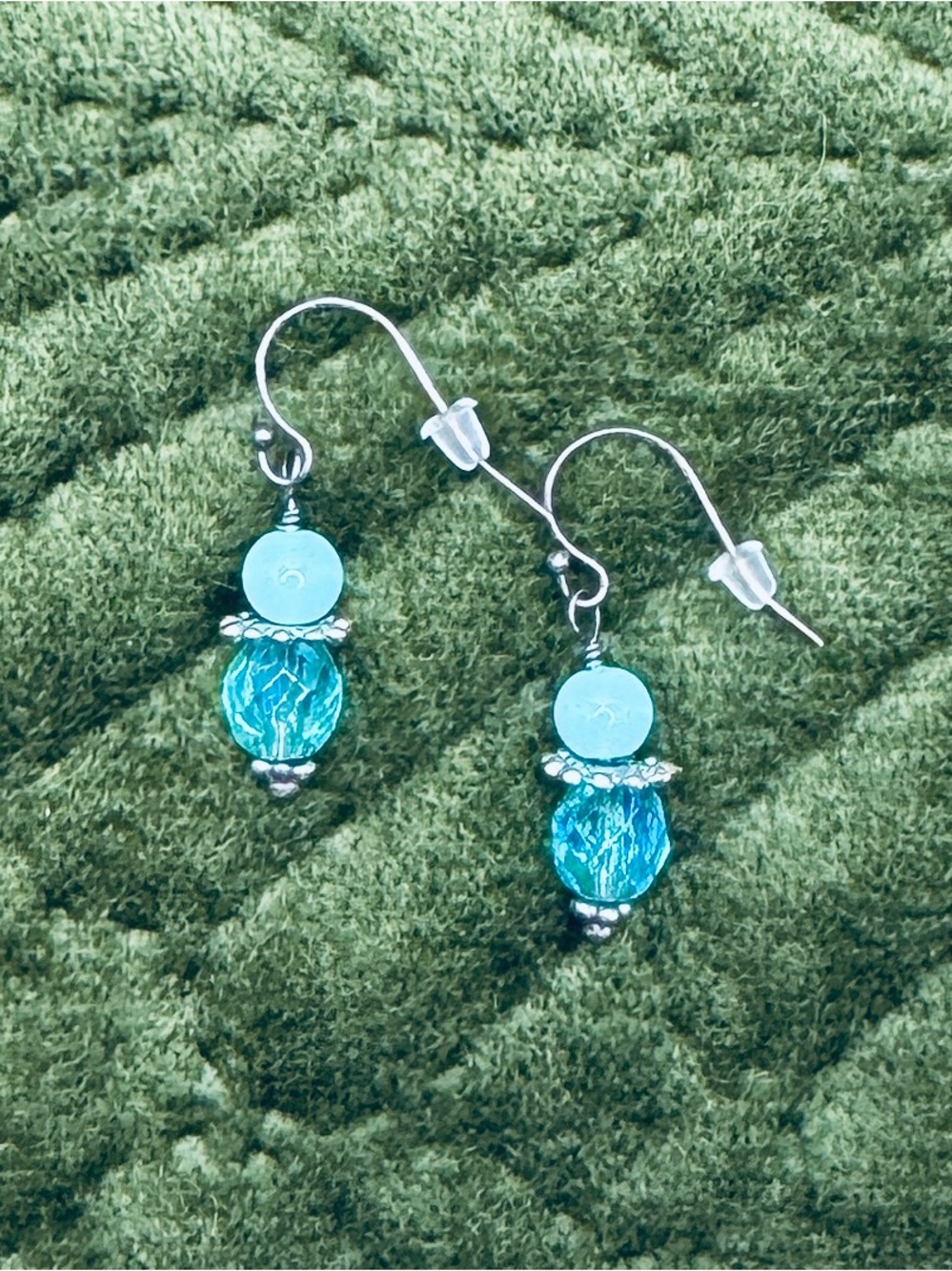 Tested Sterling Silver Vintage Aqua Blue Glass & Blue AB Crystal Drop Earrings